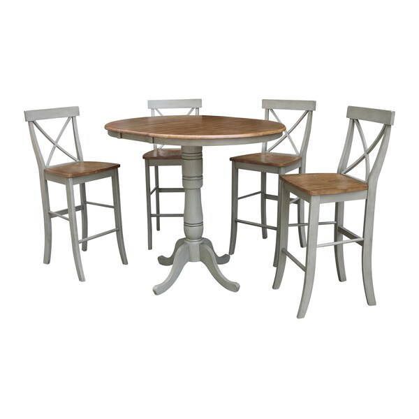 International Concepts Round 36 in Rd Extension Dining Table, 4 X-back Bar Height Stools, Hickory/Stone, 36 W, 48 L, Wood K41-36RXT-6B-S6133-4 - main